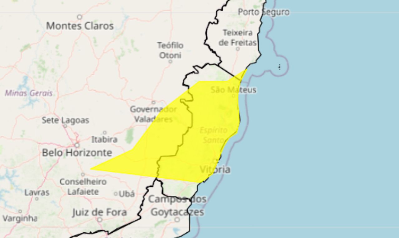 Trata-se de um alerta amarelo para acúmulo de chuva no Espírito Santo, Minas Gerais e Bahia 